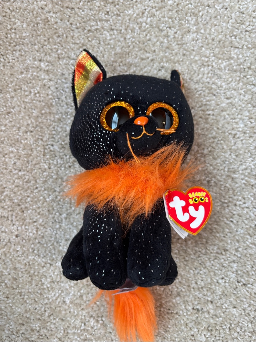 Ty Morticia Black Plush Cat with Bright Orange Fur Accents